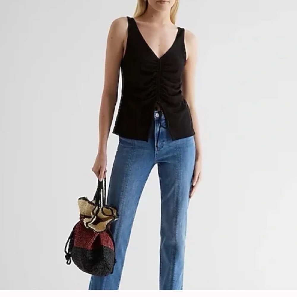 Express V-Neck Ruched Split Hem Tie Tank (Black)